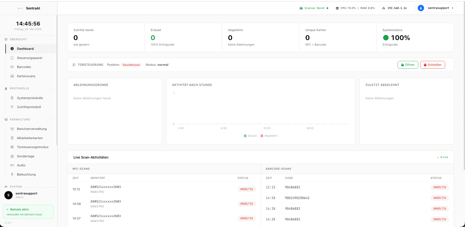 Sentra AI Entrance Live-Dashboard: Zutritte, Türsteuerung und Kartenscans in Echtzeit